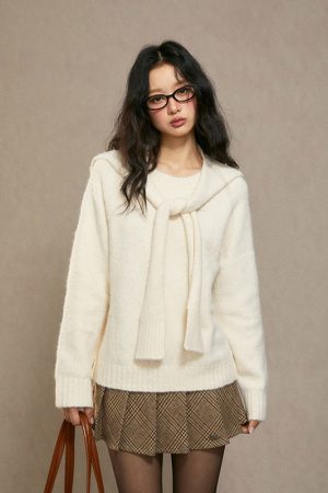 Women's White Faux Two-Piece Knitted Sweater, High-End Lazy Style Top for Autumn Winter 2025, Trendy Fashion Essential