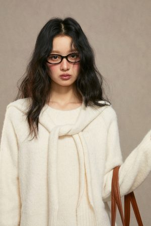 Women's White Faux Two-Piece Knitted Sweater, High-End Lazy Style Top for Autumn Winter 2025, Trendy Fashion Essential
