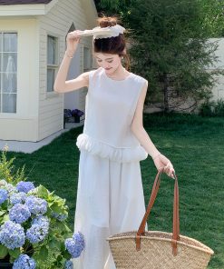 Women's White Patchwork Vest and Wide-Leg Pants Two-Piece Set - Unique Summer 2025 Fashion, Trendy and Stylish Design