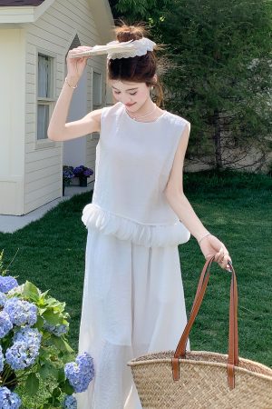 Women's White Patchwork Vest and Wide-Leg Pants Two-Piece Set - Unique Summer 2025 Fashion, Trendy and Stylish Design