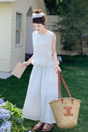 Women's White Patchwork Vest and Wide-Leg Pants Two-Piece Set - Unique Summer 2025 Fashion, Trendy and Stylish Design
