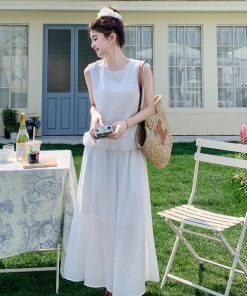 Women's White Patchwork Vest and Wide-Leg Pants Two-Piece Set - Unique Summer 2025 Fashion, Trendy and Stylish Design