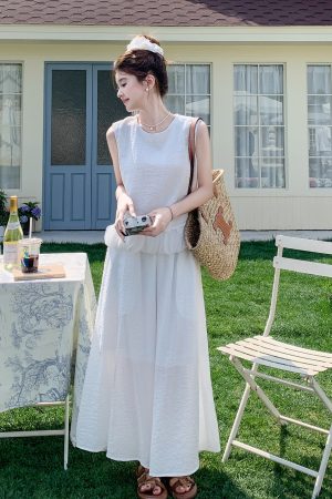 Women's White Patchwork Vest and Wide-Leg Pants Two-Piece Set - Unique Summer 2025 Fashion, Trendy and Stylish Design