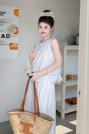 Women's White Patchwork Vest and Wide-Leg Pants Two-Piece Set - Unique Summer 2025 Fashion, Trendy and Stylish Design