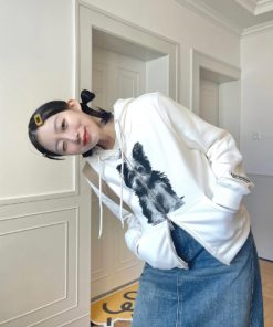 Women's White Pumpkin American Retro Hoodie, Short Double Zipper Fleece Jacket with Dog Print for Autumn & Winter Style