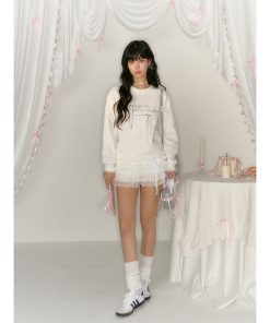 Women's White Round Neck Sweatshirt - Casual Long Sleeve Hoodless Jacket for Spring & Autumn, American Lazy Style Fashion