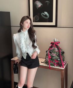 Women's White Satin Blouse with Stand Collar, Ruffled Long Sleeves - Autumn Winter French Style Shirt