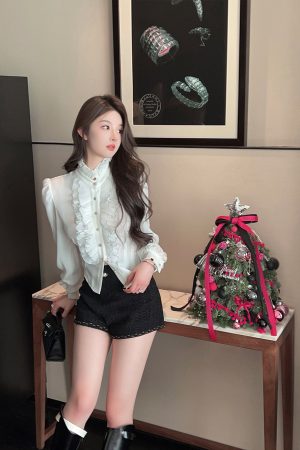 Women's White Satin Blouse with Stand Collar, Ruffled Long Sleeves - Autumn Winter French Style Shirt