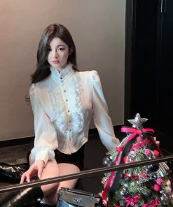 Women's White Satin Blouse with Stand Collar, Ruffled Long Sleeves - Autumn Winter French Style Shirt