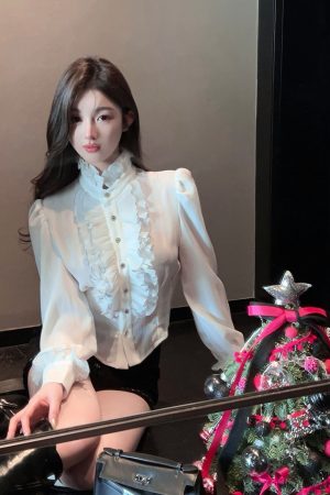 Women's White Satin Blouse with Stand Collar, Ruffled Long Sleeves - Autumn Winter French Style Shirt
