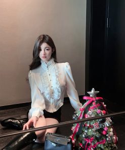 Women's White Satin Blouse with Stand Collar, Ruffled Long Sleeves - Autumn Winter French Style Shirt