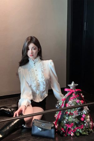 Women's White Satin Blouse with Stand Collar, Ruffled Long Sleeves - Autumn Winter French Style Shirt