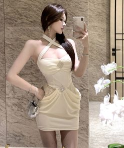 Women's White Strapless Halter Neck Dress, French High-End Style, Sexy Day Party & Nightclub Bar Dress