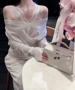 Women's White V-Neck Knitted Lace Vest Two-Piece Outfit - Spring Fashion Set, Perfect for Y2K and Korean Style Looks