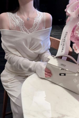 Women's White V-Neck Knitted Lace Vest Two-Piece Outfit - Spring Fashion Set, Perfect for Y2K and Korean Style Looks