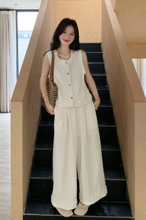 Women's White Wood Ear Edge Vest and Wide-Leg Pants Set - 2025 Summer Lazy Style Two-Piece Outfit