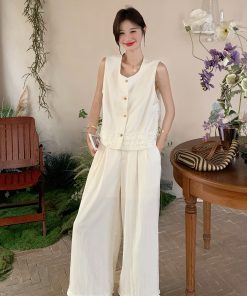 Women's White Wood Ear Edge Vest and Wide-Leg Pants Set - 2025 Summer Lazy Style Two-Piece Outfit