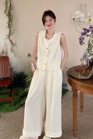 Women's White Wood Ear Edge Vest and Wide-Leg Pants Set - 2025 Summer Lazy Style Two-Piece Outfit