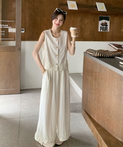 Women's White Wood Ear Edge Vest and Wide-Leg Pants Set - 2025 Summer Lazy Style Two-Piece Outfit