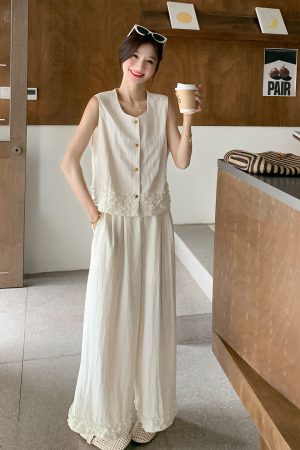 Women's White Wood Ear Edge Vest and Wide-Leg Pants Set - 2025 Summer Lazy Style Two-Piece Outfit