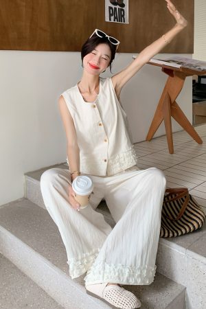 Women's White Wood Ear Edge Vest and Wide-Leg Pants Set - 2025 Summer Lazy Style Two-Piece Outfit