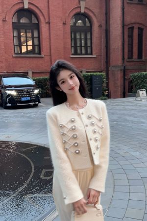 Women's White Woolen Coat with Heavy Embroidery - Short Down Liner Overcoat for Winter Fashion