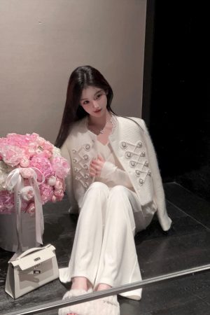 Women's White Woolen Coat with Heavy Embroidery - Short Down Liner Overcoat for Winter Fashion