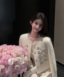 Women's White Woolen Coat with Heavy Embroidery - Short Down Liner Overcoat for Winter Fashion