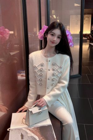 Women's White Woolen Coat with Heavy Embroidery - Short Down Liner Overcoat for Winter Fashion