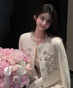 Women's White Woolen Coat with Heavy Embroidery - Short Down Liner Overcoat for Winter Fashion