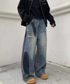 Women's Wide-Leg Graffiti Denim Pants - Loose Fit, Floor-Length, Draped Design, Retro American Style, Trendy 90s Fashion