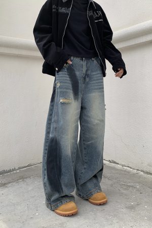 Women's Wide-Leg Graffiti Denim Pants - Loose Fit, Floor-Length, Draped Design, Retro American Style, Trendy 90s Fashion