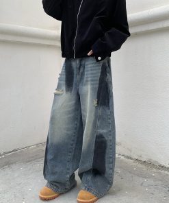 Women's Wide-Leg Graffiti Denim Pants - Loose Fit, Floor-Length, Draped Design, Retro American Style, Trendy 90s Fashion