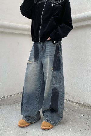Women's Wide-Leg Graffiti Denim Pants - Loose Fit, Floor-Length, Draped Design, Retro American Style, Trendy 90s Fashion