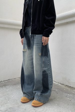 Women's Wide-Leg Graffiti Denim Pants - Loose Fit, Floor-Length, Draped Design, Retro American Style, Trendy 90s Fashion