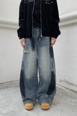 Women's Wide-Leg Graffiti Denim Pants - Loose Fit, Floor-Length, Draped Design, Retro American Style, Trendy 90s Fashion