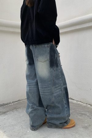 Women's Wide-Leg Graffiti Denim Pants - Loose Fit, Floor-Length, Draped Design, Retro American Style, Trendy 90s Fashion