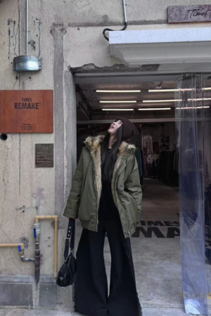 Women's Winter Cotton Parka Jacket with Imitation Raccoon Fur High Collar - Micro-Glossy Black Pilot Style Outerwear