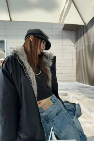 Women's Winter Cotton Parka Jacket with Imitation Raccoon Fur High Collar - Micro-Glossy Black Pilot Style Outerwear