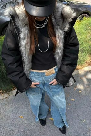 Women's Winter Cotton Parka Jacket with Imitation Raccoon Fur High Collar - Micro-Glossy Black Pilot Style Outerwear