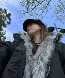 Women's Winter Cotton Parka Jacket with Imitation Raccoon Fur High Collar - Micro-Glossy Black Pilot Style Outerwear