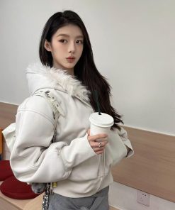 Women's Winter Hooded Sweatshirt with Padded Rabbit Fur Collar, Pumpkin/Moon Gray, Thickened Short Jacket, Cozy Style