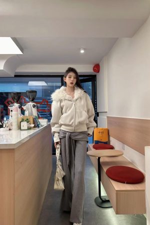 Women's Winter Hooded Sweatshirt with Padded Rabbit Fur Collar, Pumpkin/Moon Gray, Thickened Short Jacket, Cozy Style