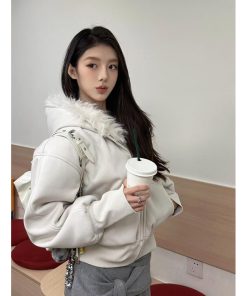 Women's Winter Hooded Sweatshirt with Padded Rabbit Fur Collar, Pumpkin/Moon Gray, Thickened Short Jacket, Cozy Style