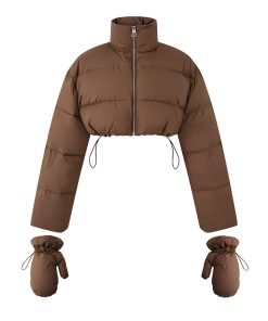 Women's Winter Short High Neck Down Jacket - Long Sleeve Straight Brown Warm Coat for Cozy Seasonal Style