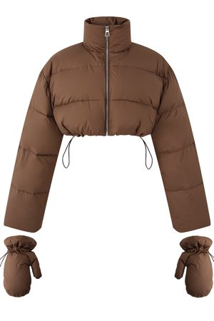 Women's Winter Short High Neck Down Jacket - Long Sleeve Straight Brown Warm Coat for Cozy Seasonal Style