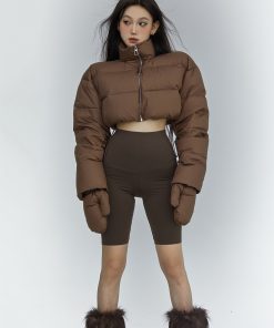 Women's Winter Short High Neck Down Jacket - Long Sleeve Straight Brown Warm Coat for Cozy Seasonal Style