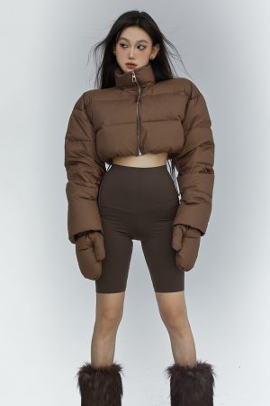 Women's Winter Short High Neck Down Jacket - Long Sleeve Straight Brown Warm Coat for Cozy Seasonal Style