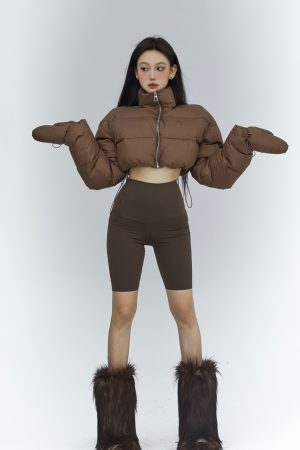 Women's Winter Short High Neck Down Jacket - Long Sleeve Straight Brown Warm Coat for Cozy Seasonal Style