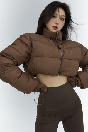 Women's Winter Short High Neck Down Jacket - Long Sleeve Straight Brown Warm Coat for Cozy Seasonal Style